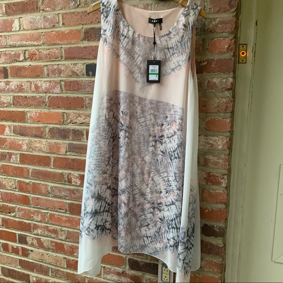 Elegant DKNY Cream Peach Grey Large Dress. Soft flowing. Asymmetrical hem. NWT. - Picture 6 of 7